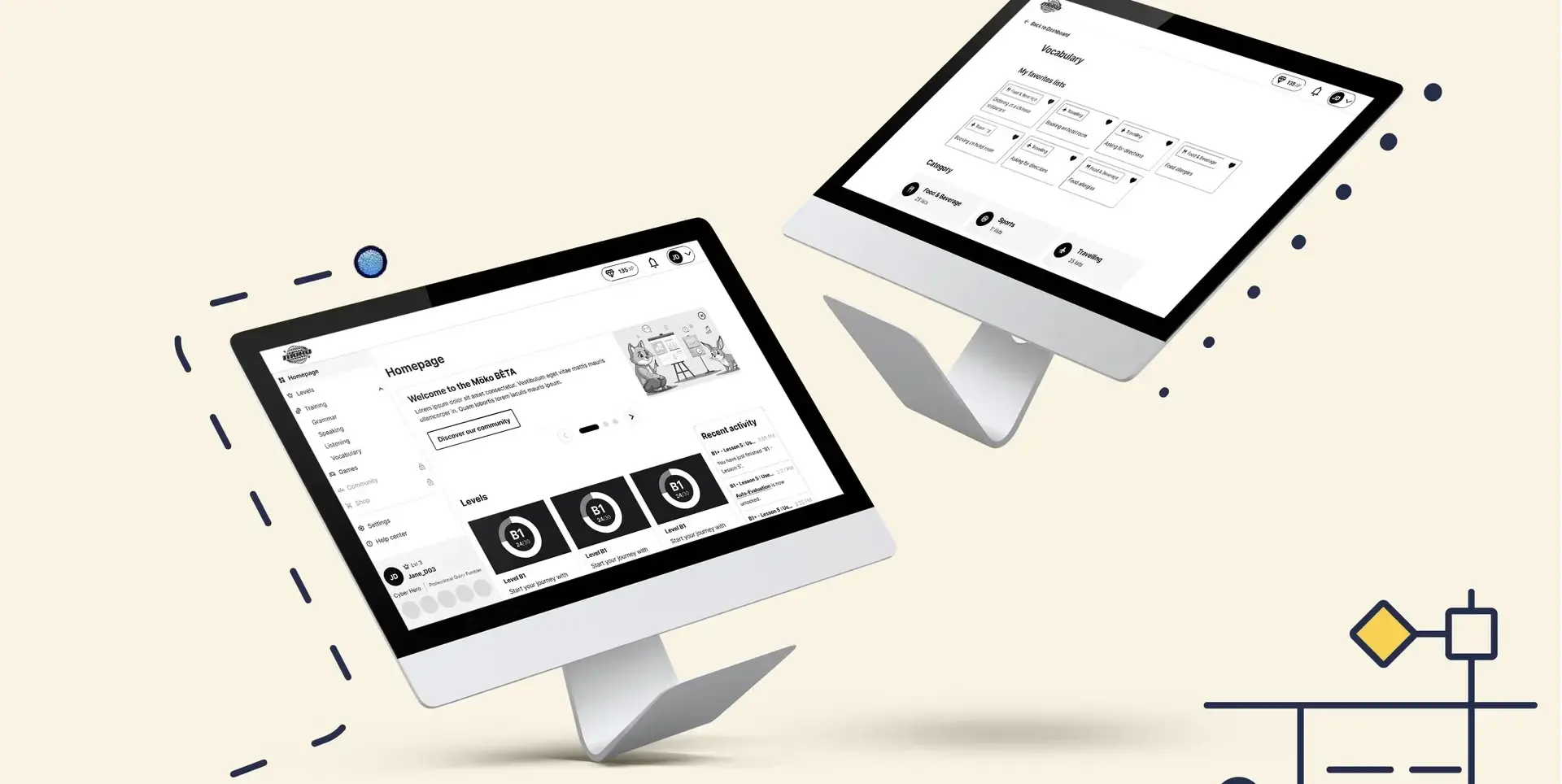 2 UX mockups of the logged-in home page on the AI platform