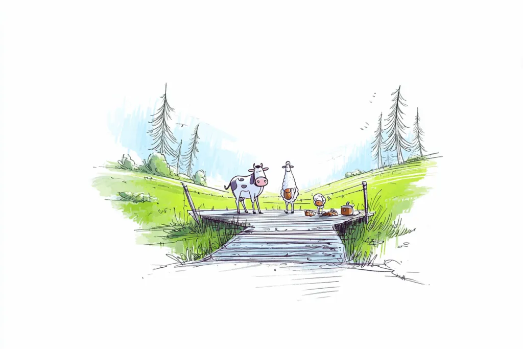 3 animals in front of a grid on the ground high in the mountains