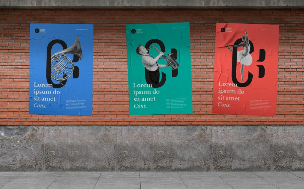 3 posters of the conservatoire on a wall