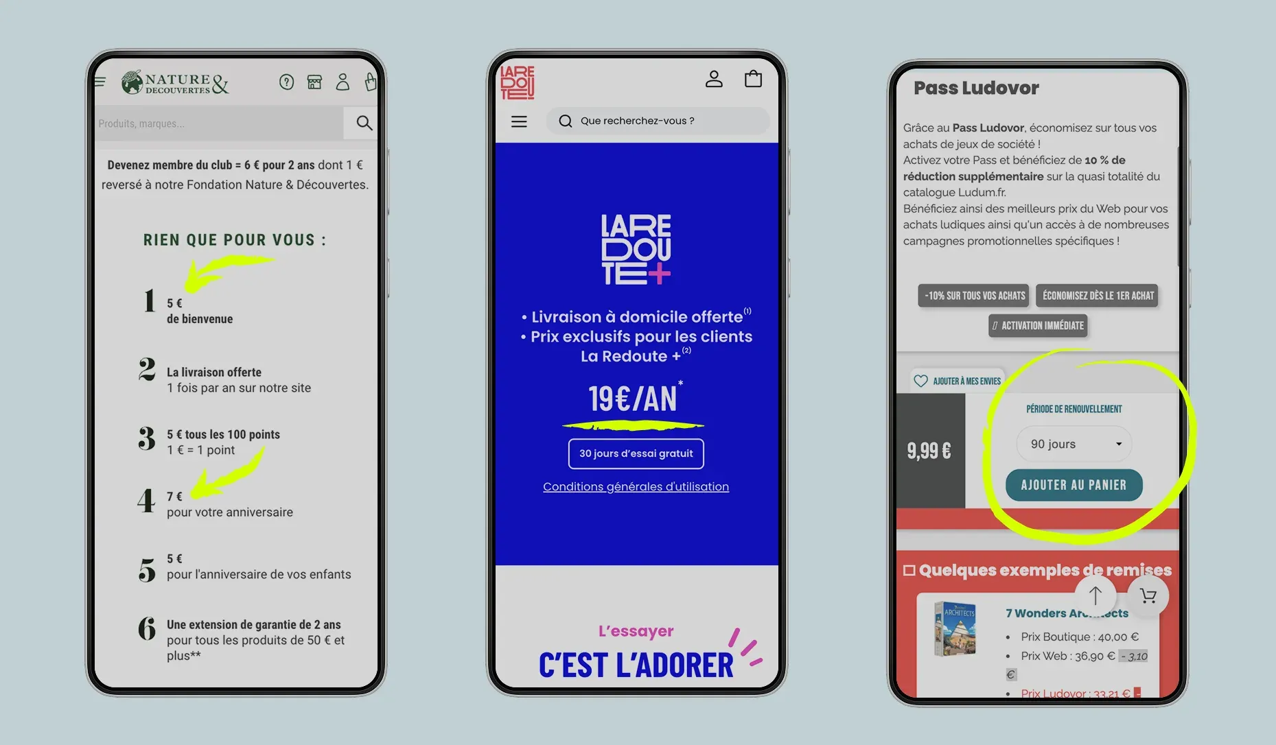 3 programmes de fidélité avec un abonnement payant : Nature et Découvertes, La Redoute et Ludum