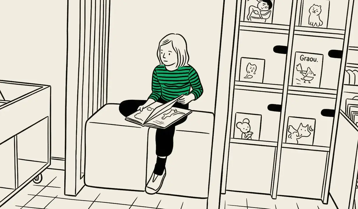 A 7-year-old girl reading at the library