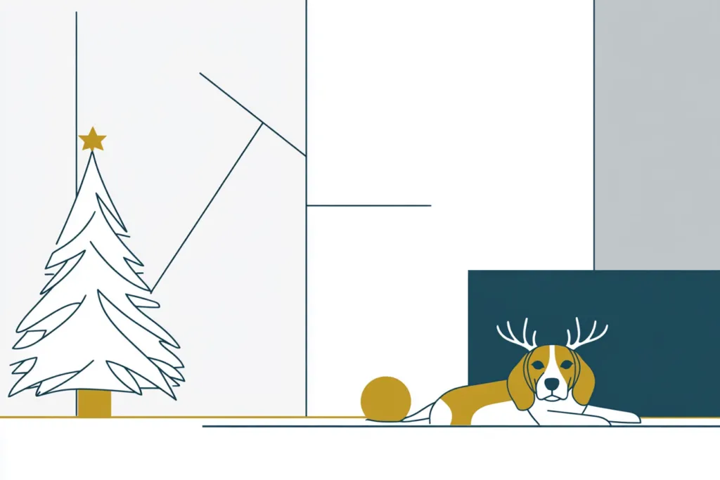 a dog wearing a reindeer-antler headband near a Christmas tree