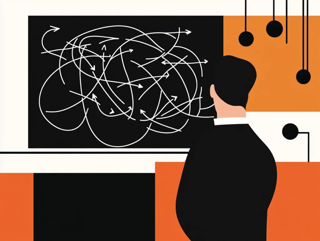 A man looks confused in front of a board with arrows pointing in every direction
