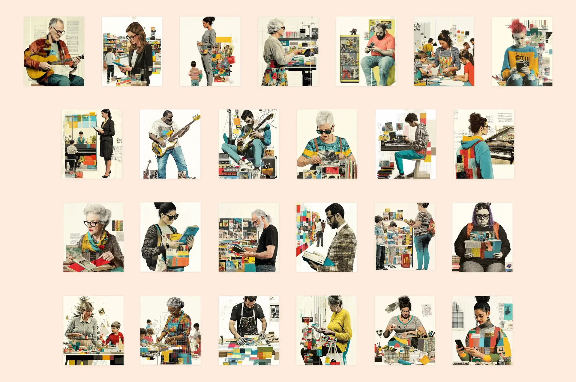 A set of visuals showing characters of different ages and ethnicities