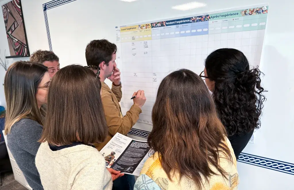 A working group debating ideas, each contributing their part