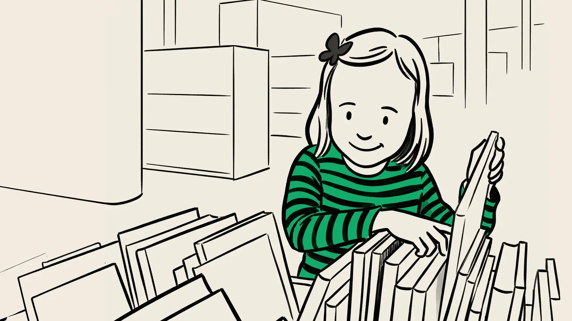 A young female reader picking out a book in a library