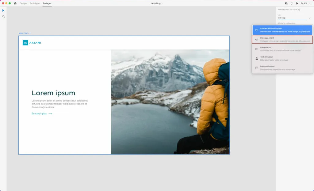 Adobe XD, configuring the link for the developer handoff