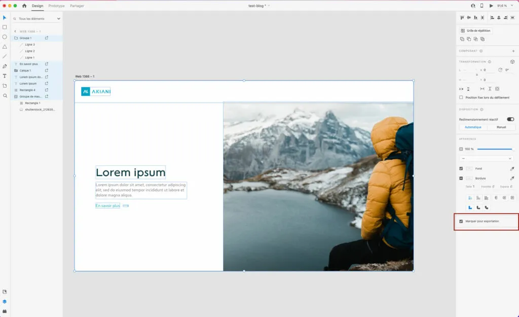 Adobe XD interface showing how to mark assets for export