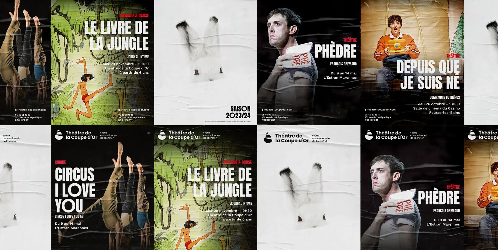 Tiled wall of posters for Circus I Love You, Le Livre de la jungle, Phèdre and Depuis que je suis né