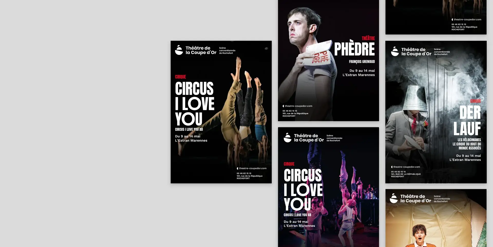Composition of Théâtre de la Coupe d’Or posters for Phèdre, Circus I Love You and Der Lauf