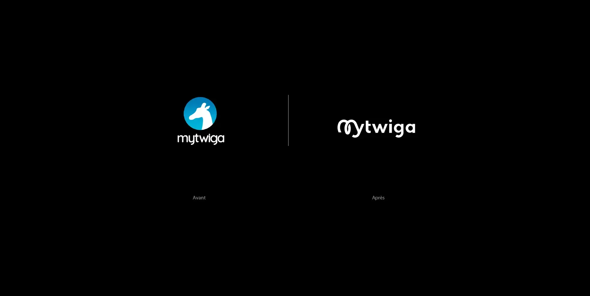 Ancien emblème à tête de girafe et nouveau logotype MyTwiga présentés côte à côte sur fond noir