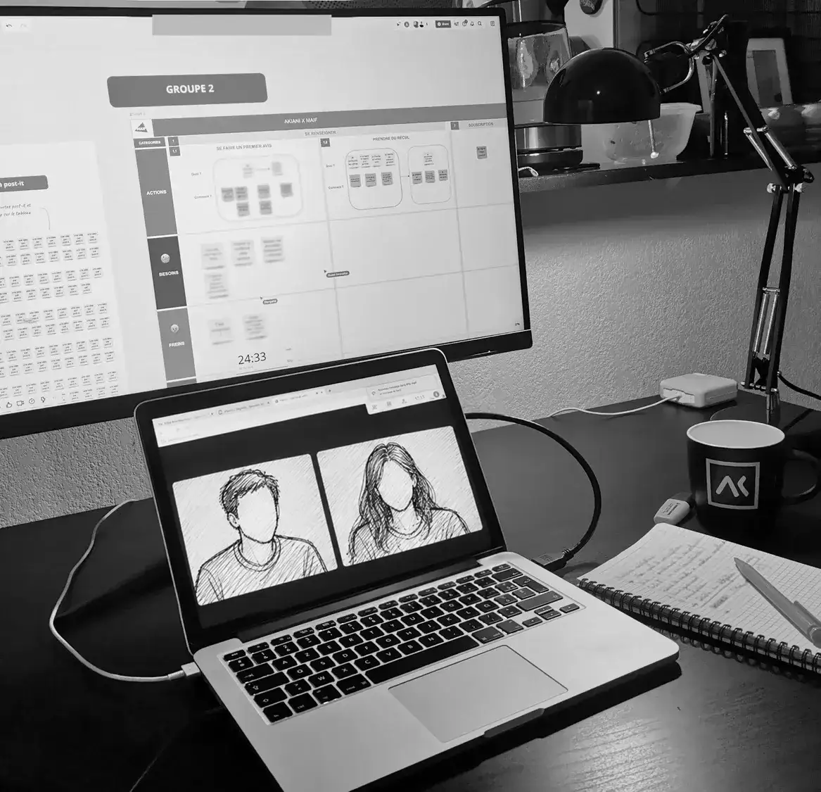 Atelier à distance : sur l'écran, le tableau « Akiani x MAIF » du groupe 2, avec les étapes « Se faire un premier avis » et « Prendre du recul » croisées avec les actions, les besoins et les freins ; la visioconférence tourne sur l'ordinateur portable, où les deux participants sont dessinés à l'encre