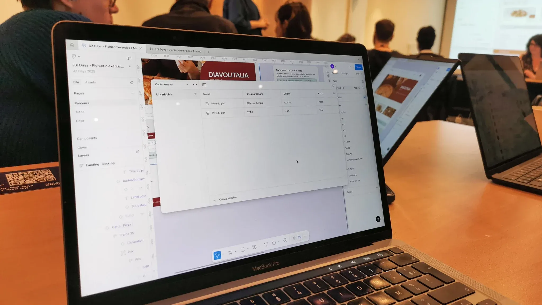 Atelier Spaghetti prototypes, variables Figma affichées à l’écran