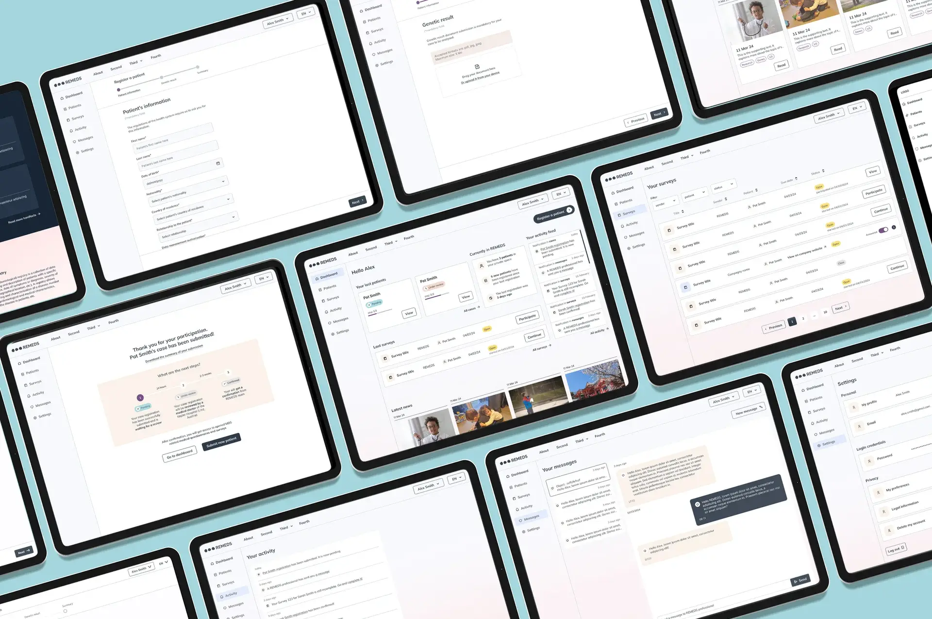 Axonometric view of a series of iPads displaying the graphic mockups of a medical platform