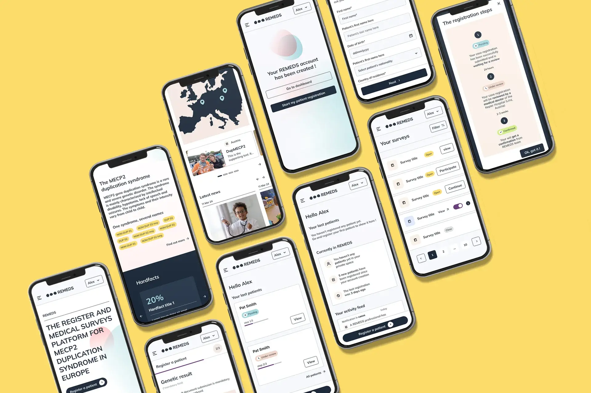Axonometric view of a series of iPhones displaying the graphic mockups of a medical platform