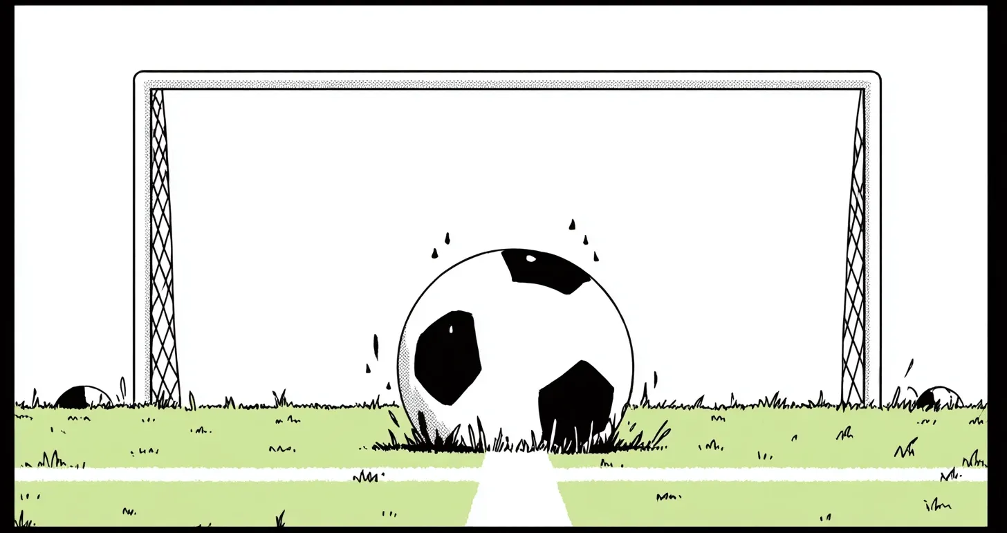 Ballon de football dessiné dans l'herbe devant une cage