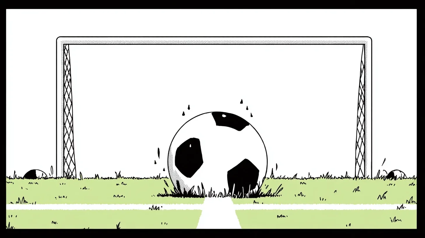 Drawn soccer ball resting on grass in front of a goal