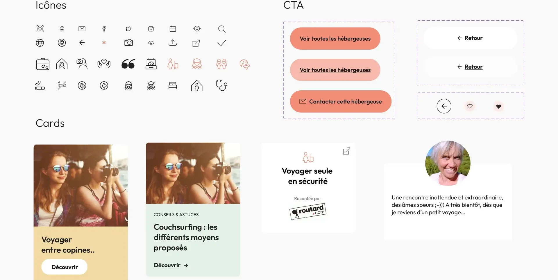 Bibliothèque de composants avec icônes, boutons et cartes de contenu