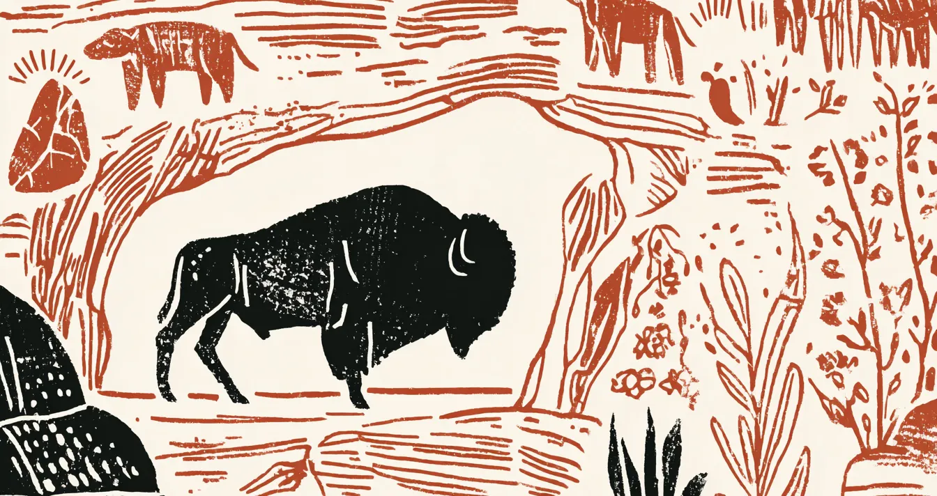 Bison noir dessiné dans une grotte ornée de peintures animales rouges