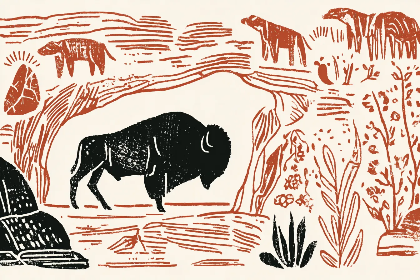Drawn black bison in a cave decorated with red animal paintings