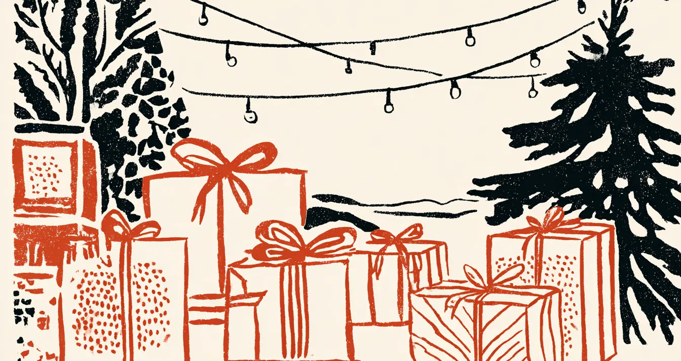 Cadeaux dessinés empilés devant un sapin sous une guirlande lumineuse