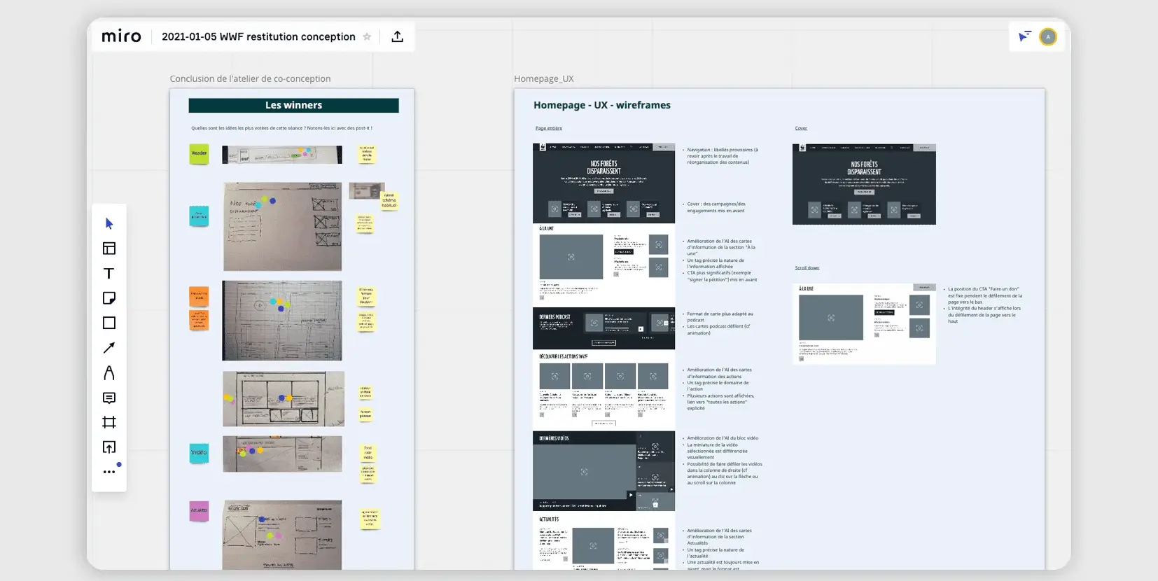 Capture d'un tableau de travail collaboratif en ligne affichant des sketches papier et wireframes