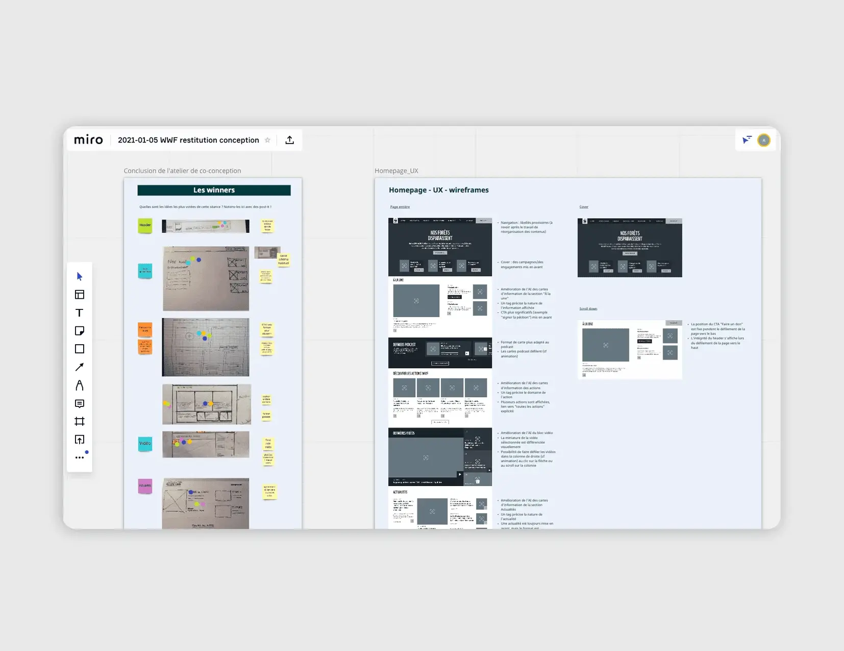 Capture of an online collaborative board showing paper sketches and wireframes