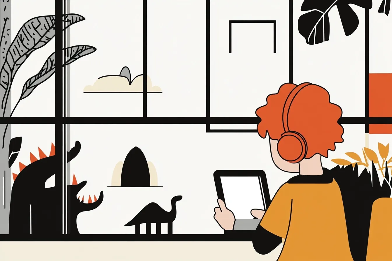 Child sitting with headphones on, in front of a tablet