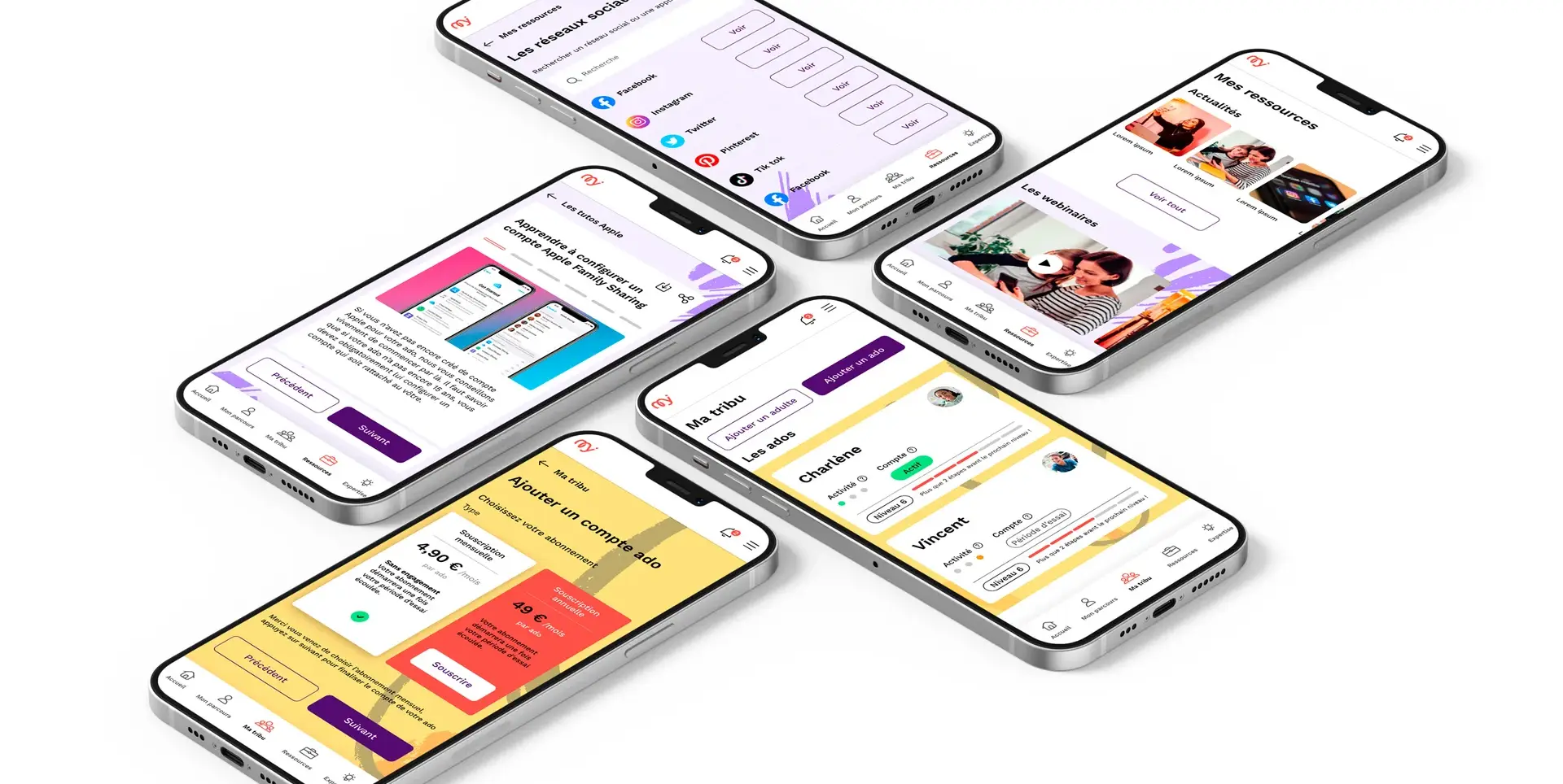 Cinq smartphones affichent l'ajout d'un compte adolescent, des profils familiaux et plusieurs ressources pédagogiques