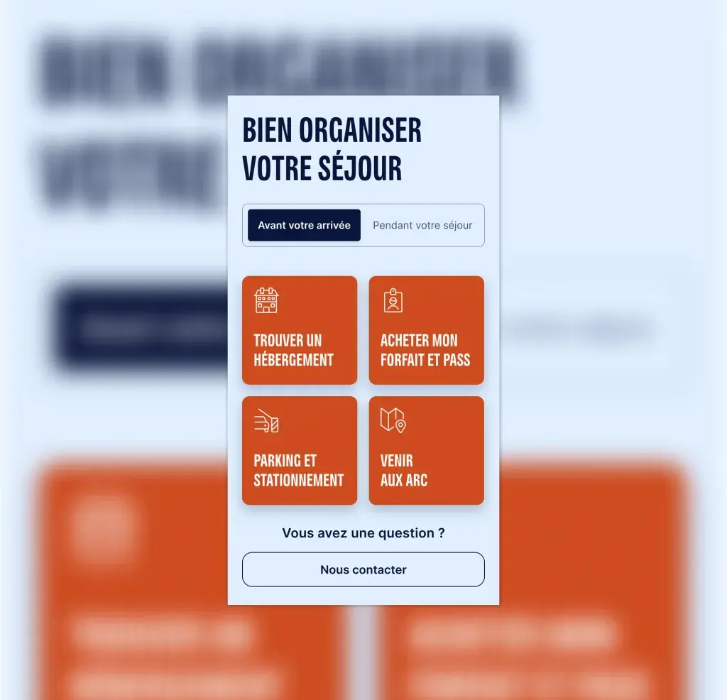 Close-up of the mobile interface for planning a stay in Les Arcs: find your accommodation, buy your ski pass and manage your parking in a few clicks