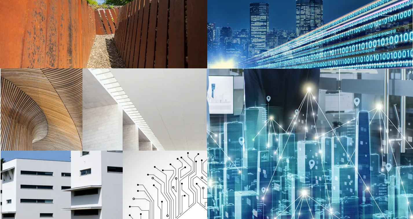 Collage associant bâtiments contemporains, circuit imprimé et réseau numérique urbain
