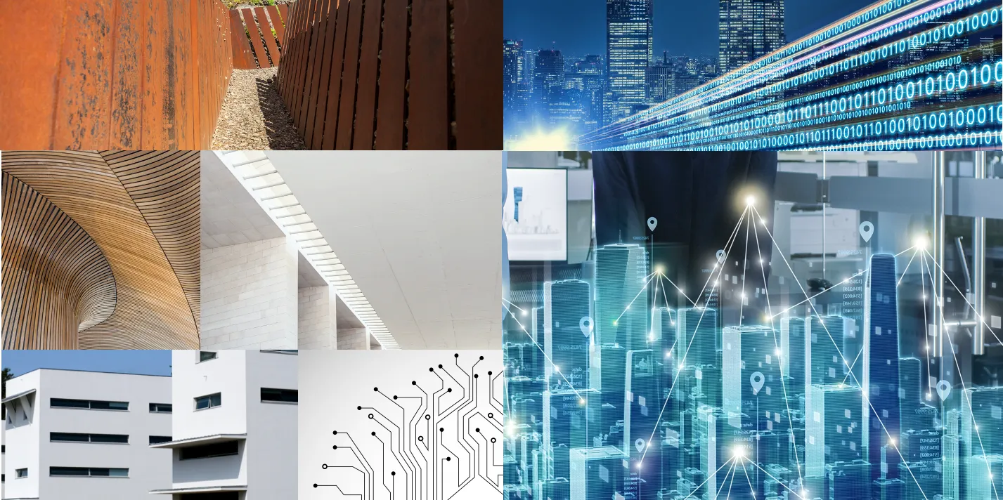 Collage associant bâtiments contemporains, circuit imprimé et réseau numérique urbain