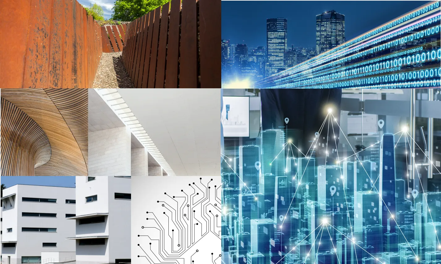 Collage associant bâtiments contemporains, circuit imprimé et réseau numérique urbain
