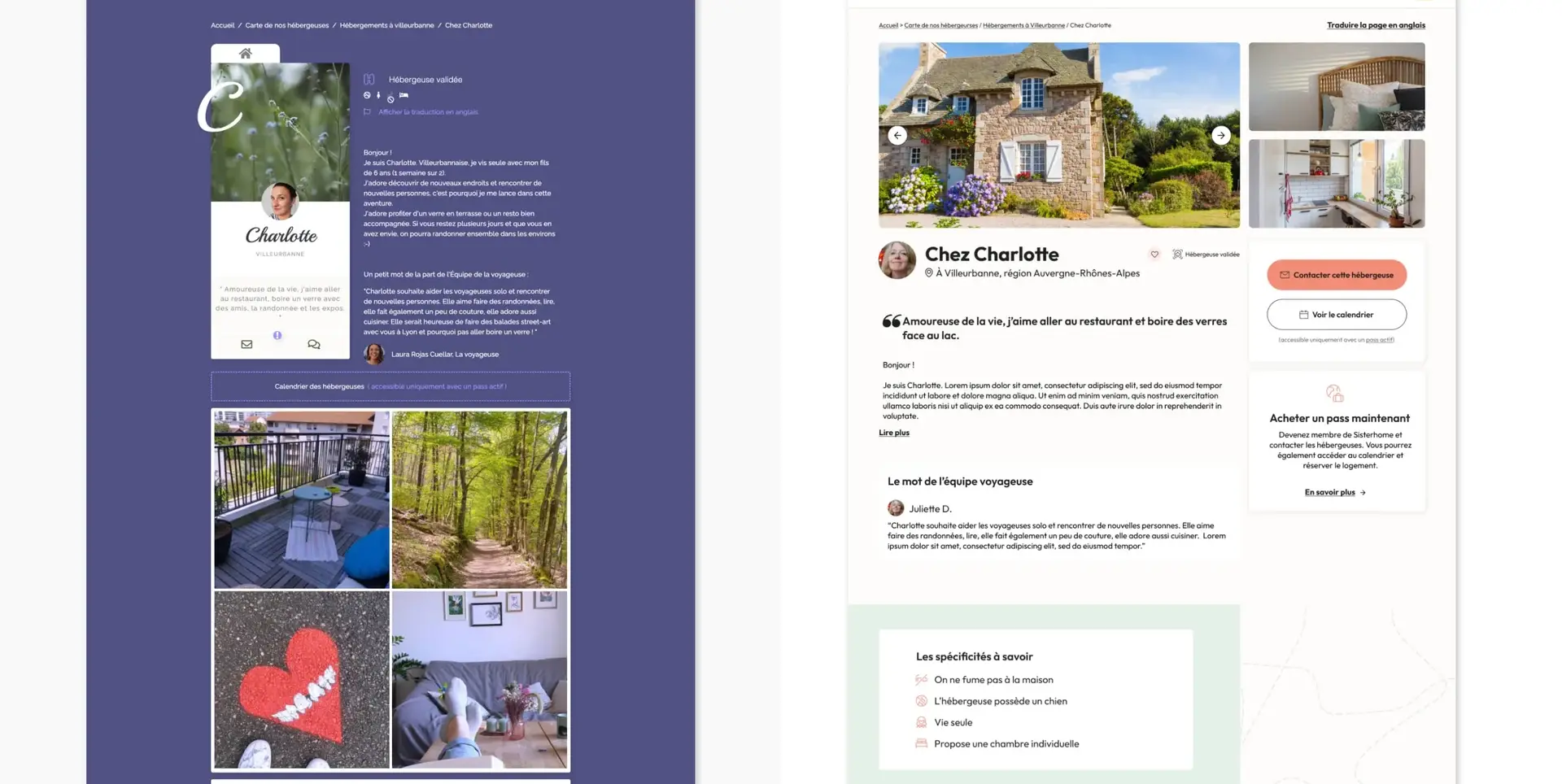 Comparaison avant et après d'une fiche d'hébergement de SisterHome
