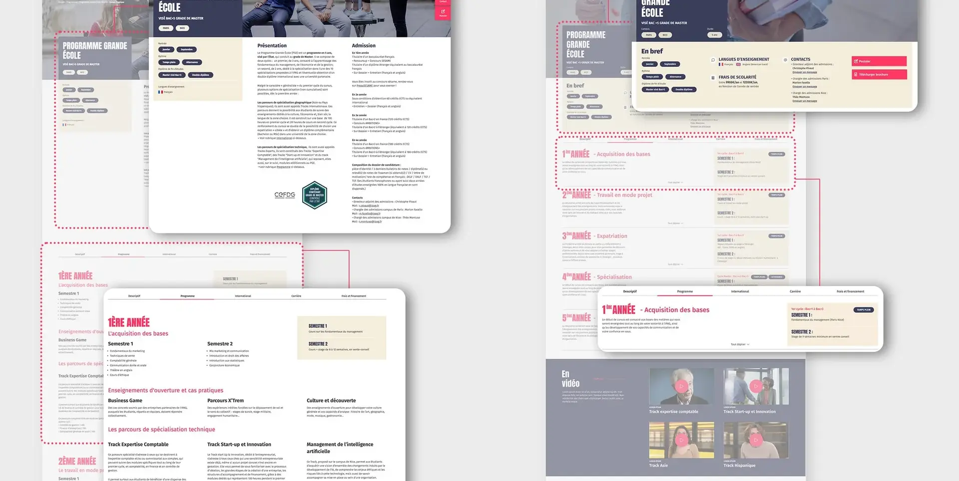 Comparaison avant et après d’une page de programme IPAG, avec agrandissements de l’encadré de présentation et du contenu par année