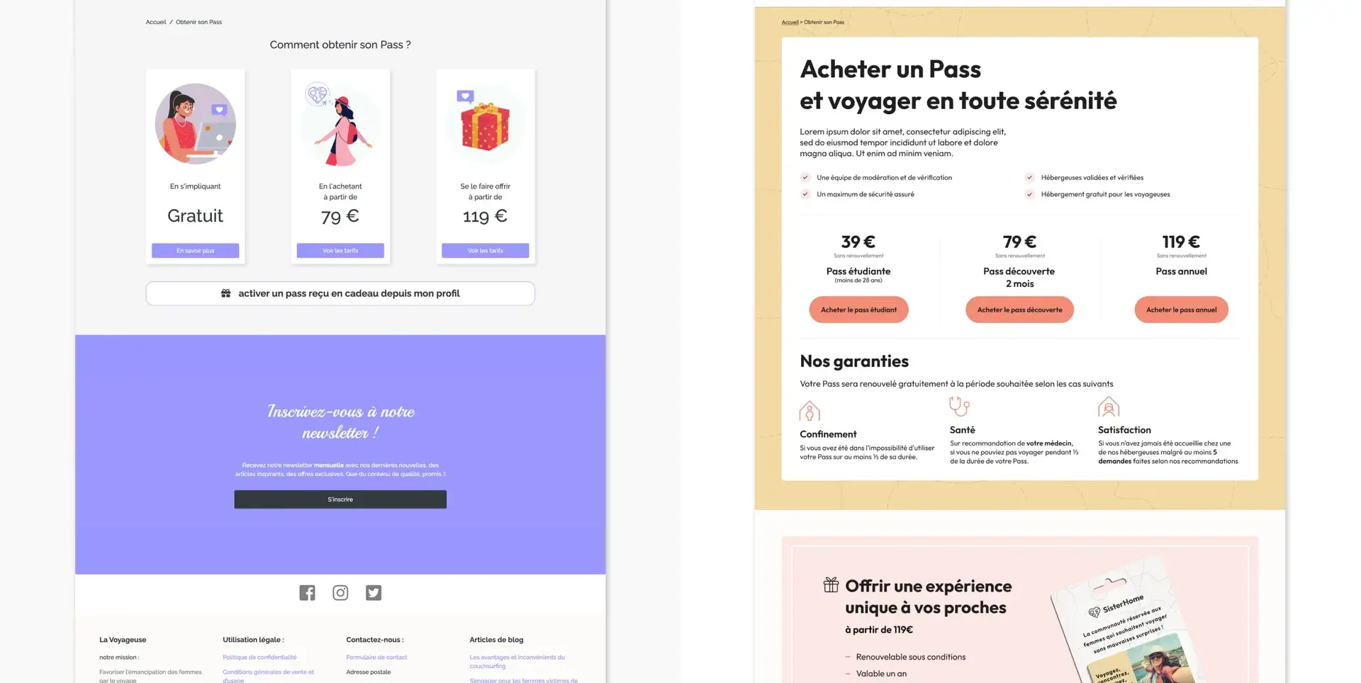 Comparaison avant et après de la page d'achat d'un pass SisterHome
