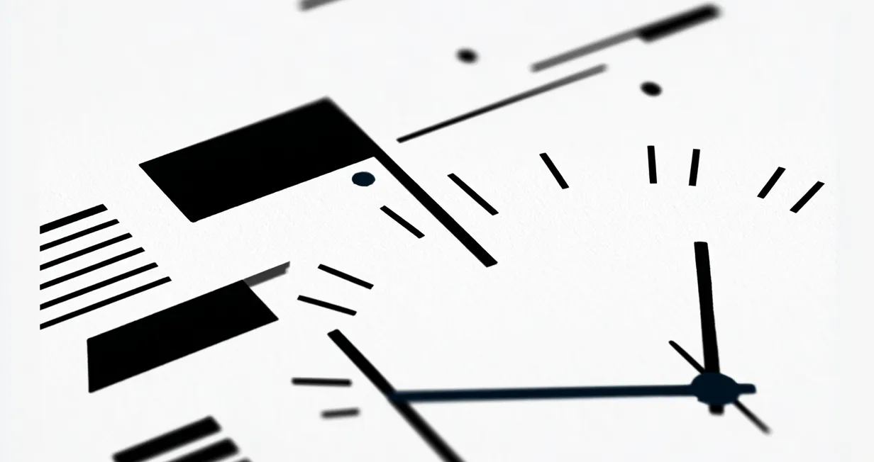 Composition abstraite en noir et blanc évoquant un cadran avec aiguilles et graduations