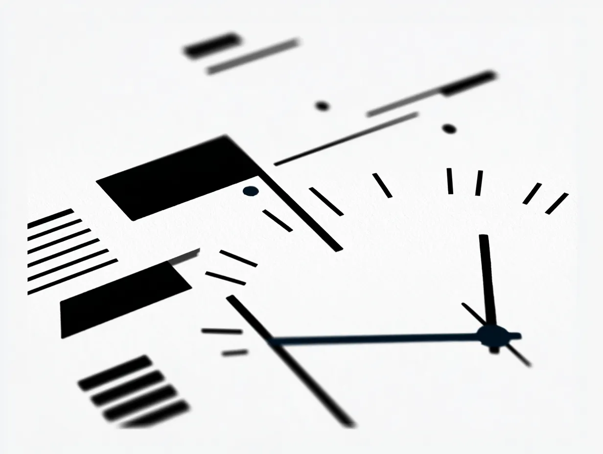 Abstract black and white composition resembling a dial with hands and markers