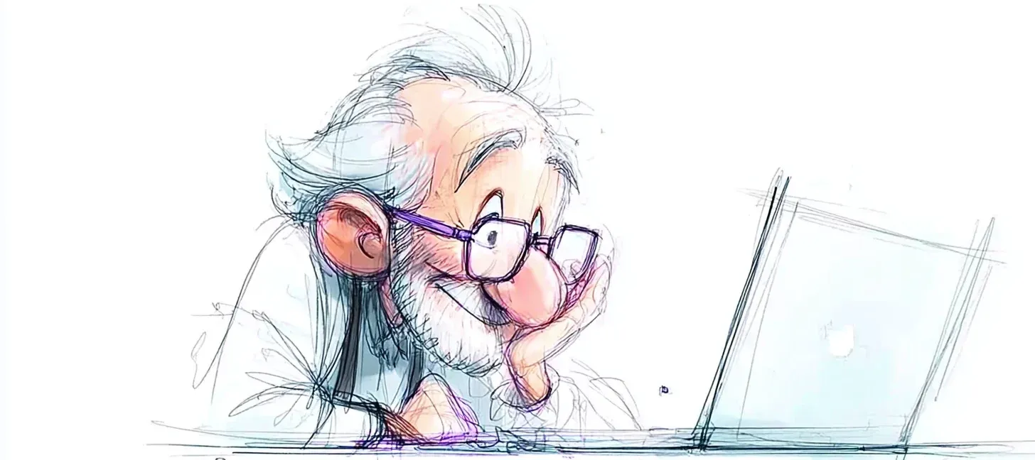 Croquis d'une personne aux cheveux blancs et à lunettes observant un ordinateur portable