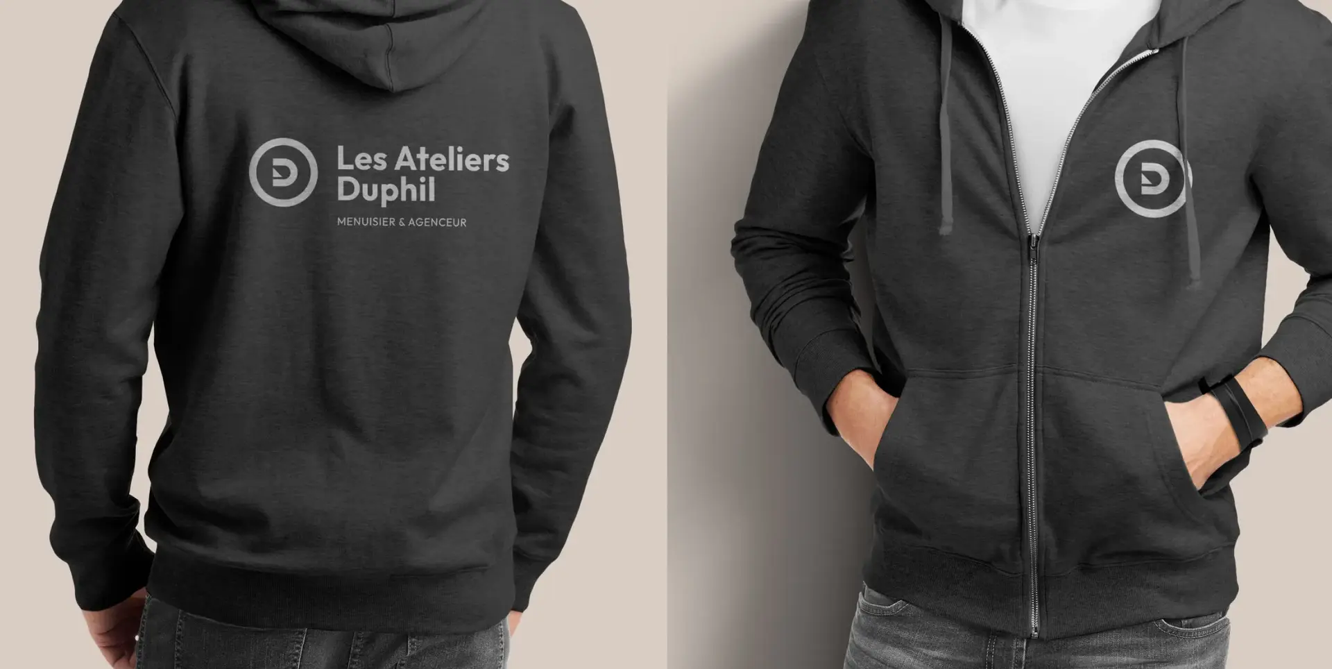 Déclinaison de l'identité sur des sweats pour les équipes de l'atelier