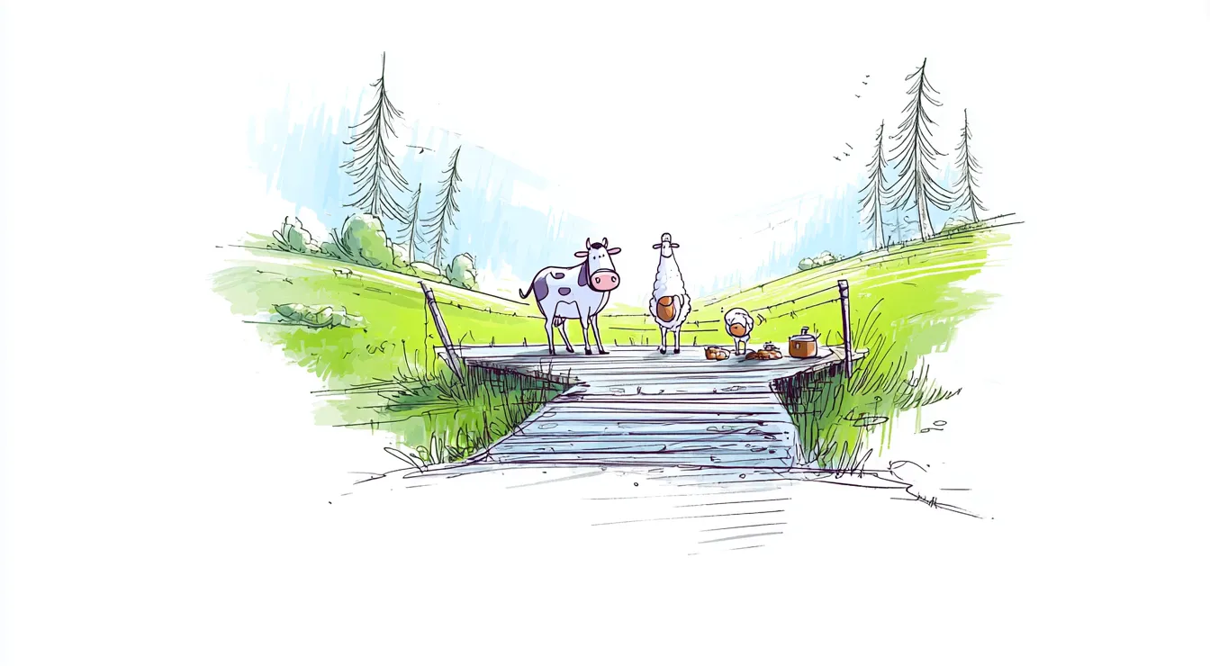 Des animaux dessinés traversent une passerelle en bois dans une clairière