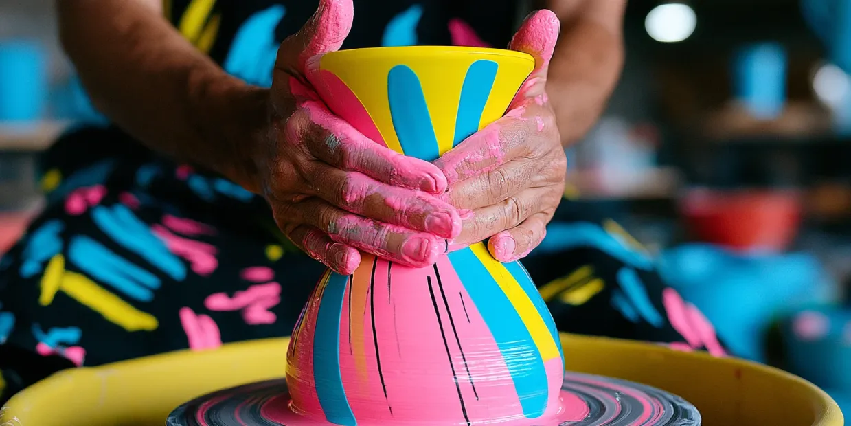 Des mains couvertes de peinture rose façonnent un vase rayé de jaune, de bleu et de rose sur un tour de potier.