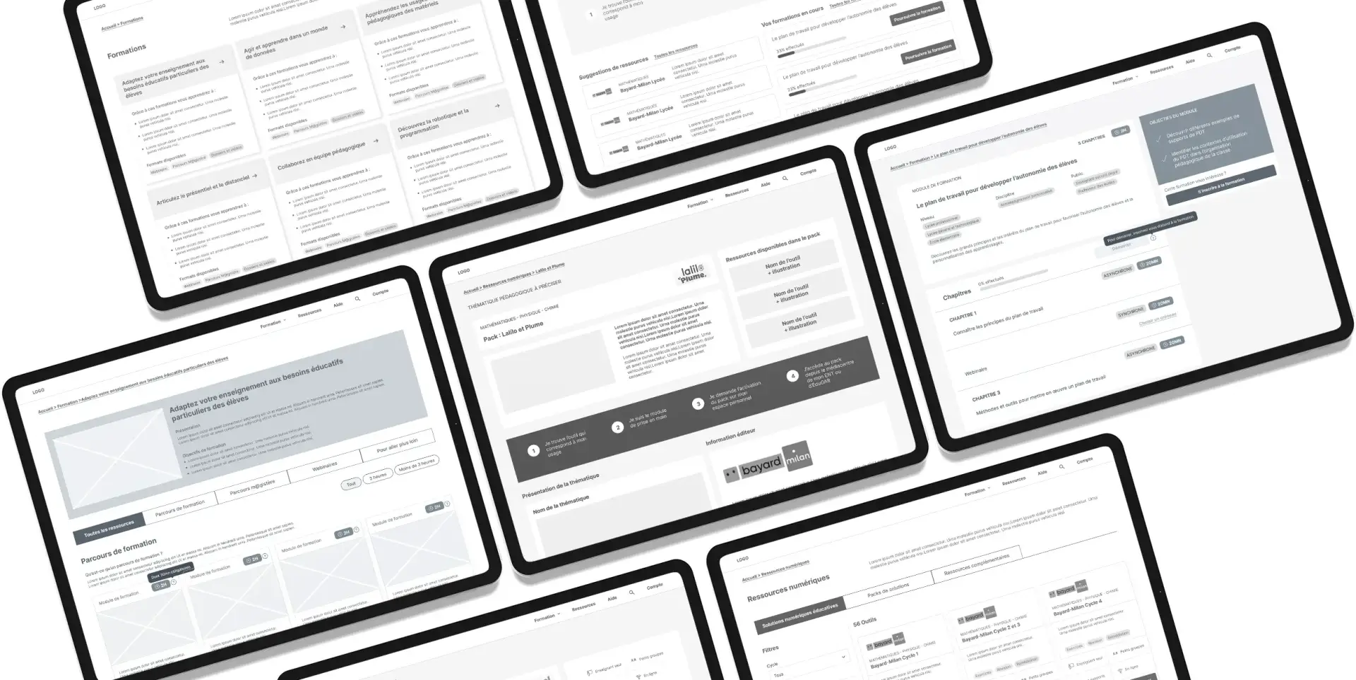 des tablettes affichant les nouvelles maquettes de TNE, plateforme destinée aux enseignants, sont disposées les unes à côté des autres.