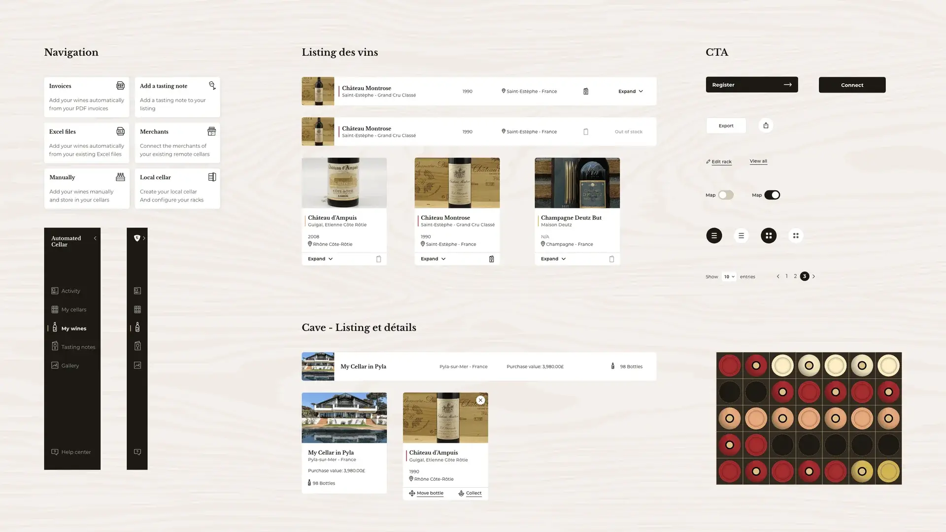 Design-system excerpts: buttons, wines, navigation