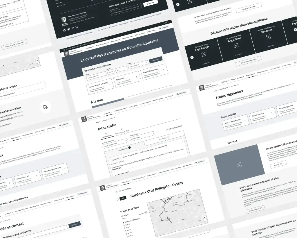 Desktop-format mockups of the proposed solution directions for the Nouvelle-Aquitaine transport portal