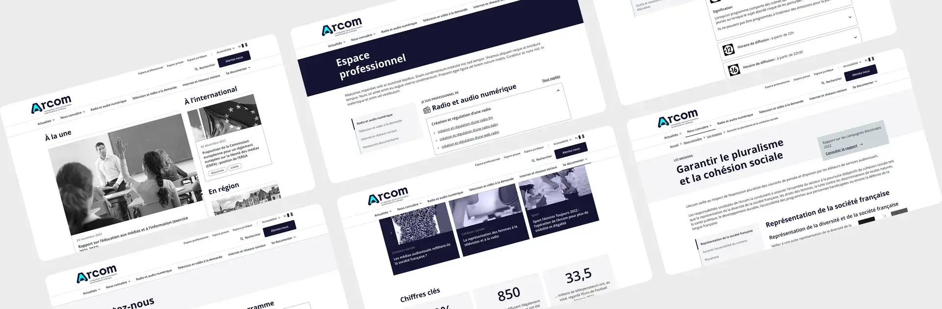 Desktop-format wireframes for the improved version of the ARCOM temporary portal