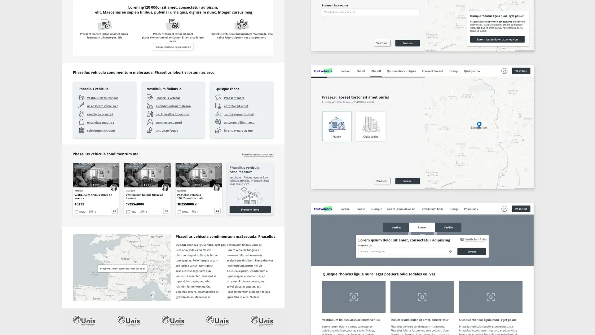 Desktop-format wireframes of a property-valuation funnel and a homepage for the future property-services portal