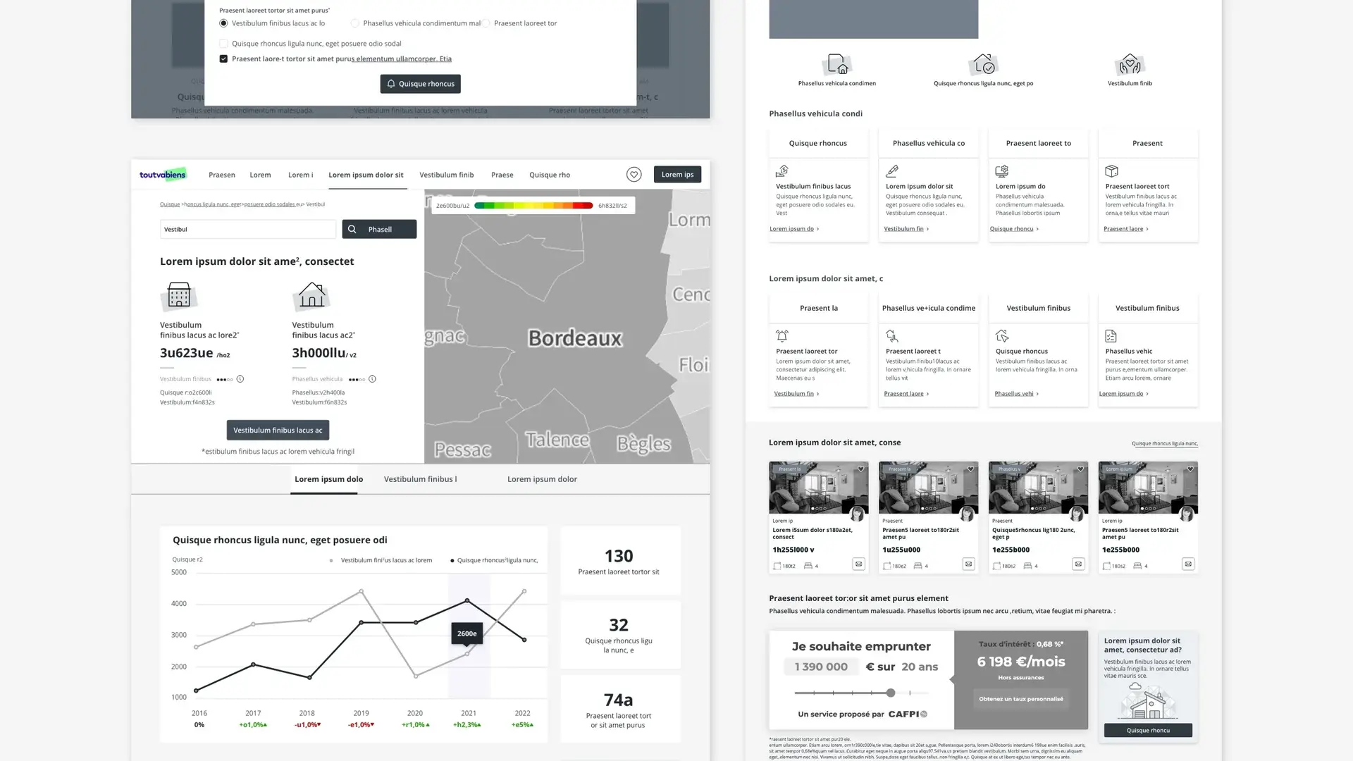 Desktop-format wireframes of the buyer journey for the future property-services portal