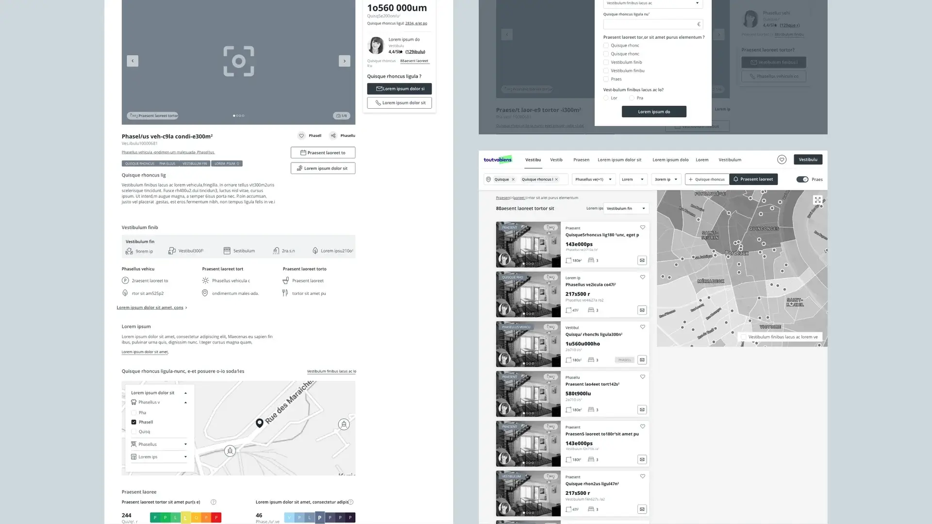 Desktop-format wireframes of the buyer journey for the future property-services portal