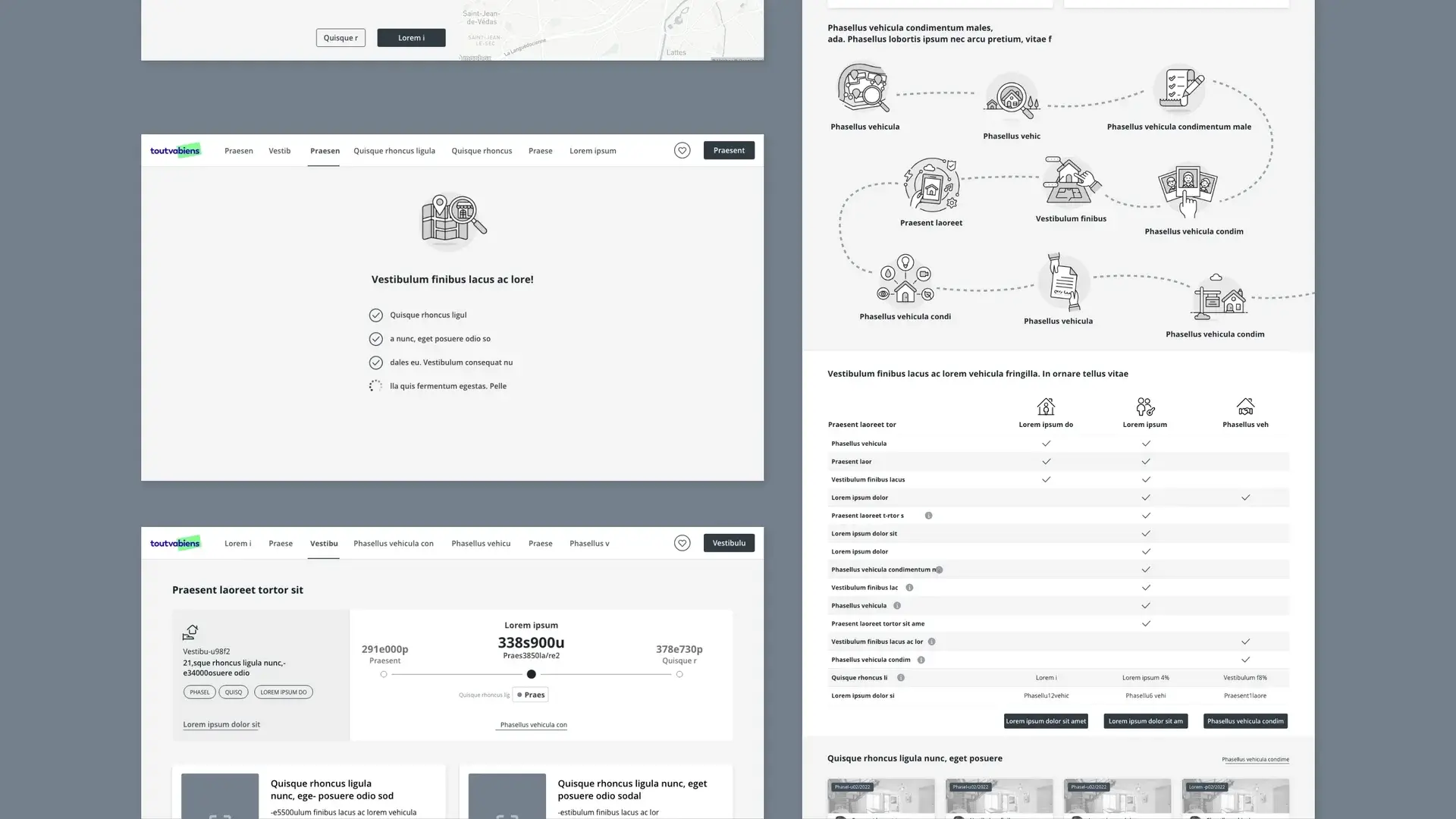 Desktop-format wireframes of the future property-services portal
